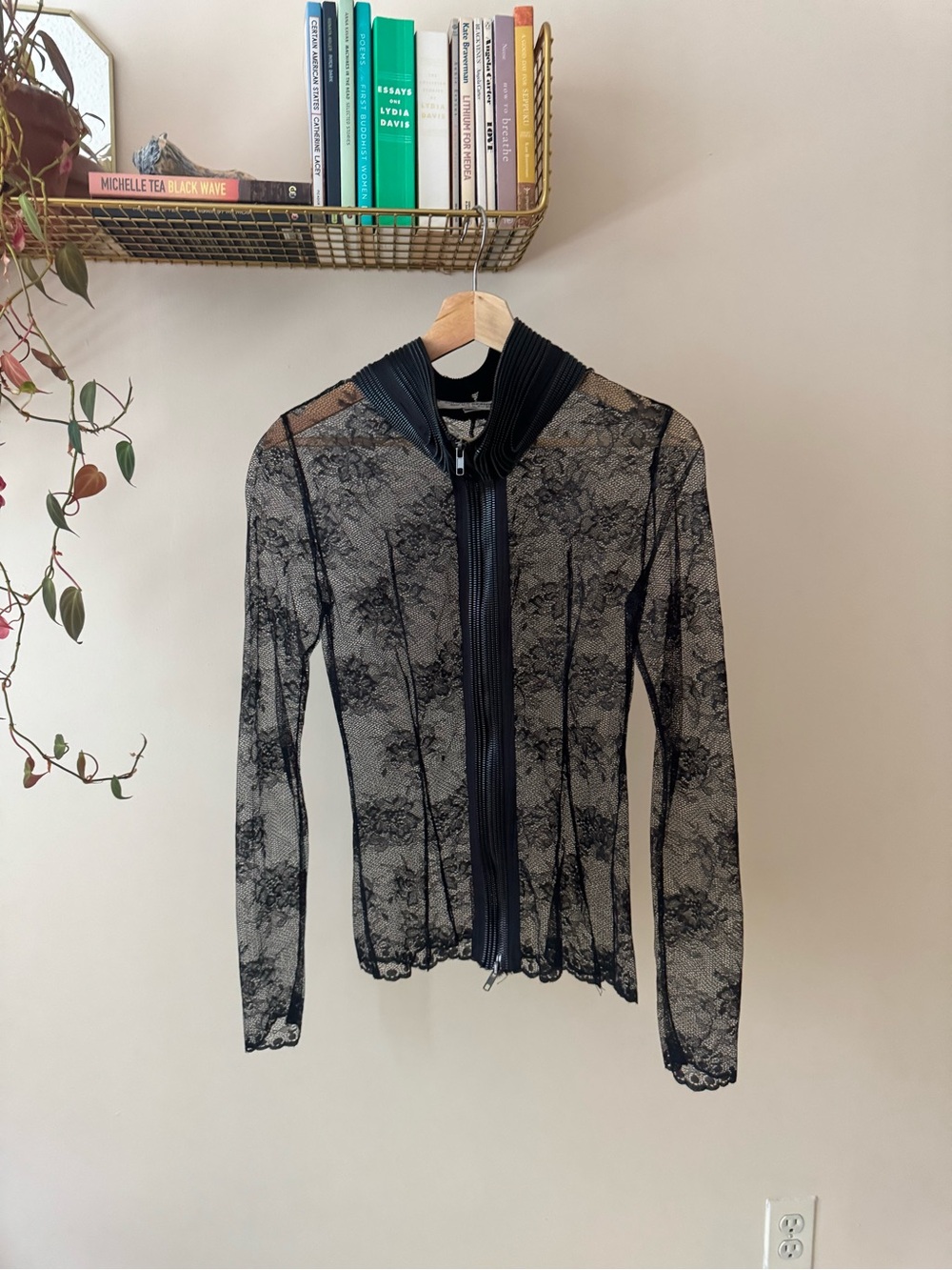 Sohung Designs Sheer Black Lace Zip-Front Top — Size S